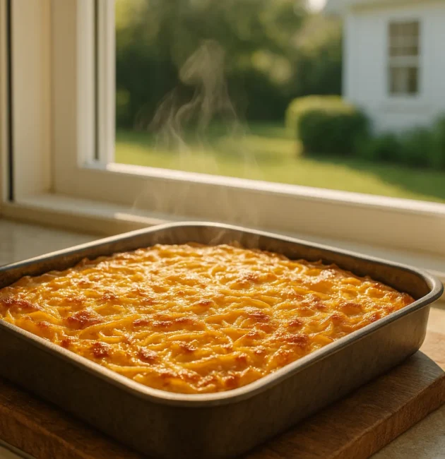 Frittata di spaghetti fumante in teglia davanti a una finestra con giardino