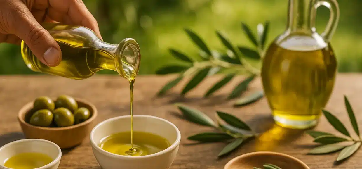 Mano che versa olio piccantino extravergine in una ciotola con olive fresche sul tavolo