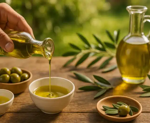 Mano che versa olio piccantino extravergine in una ciotola con olive fresche sul tavolo