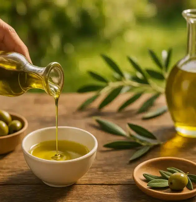Mano che versa olio piccantino extravergine in una ciotola con olive fresche sul tavolo