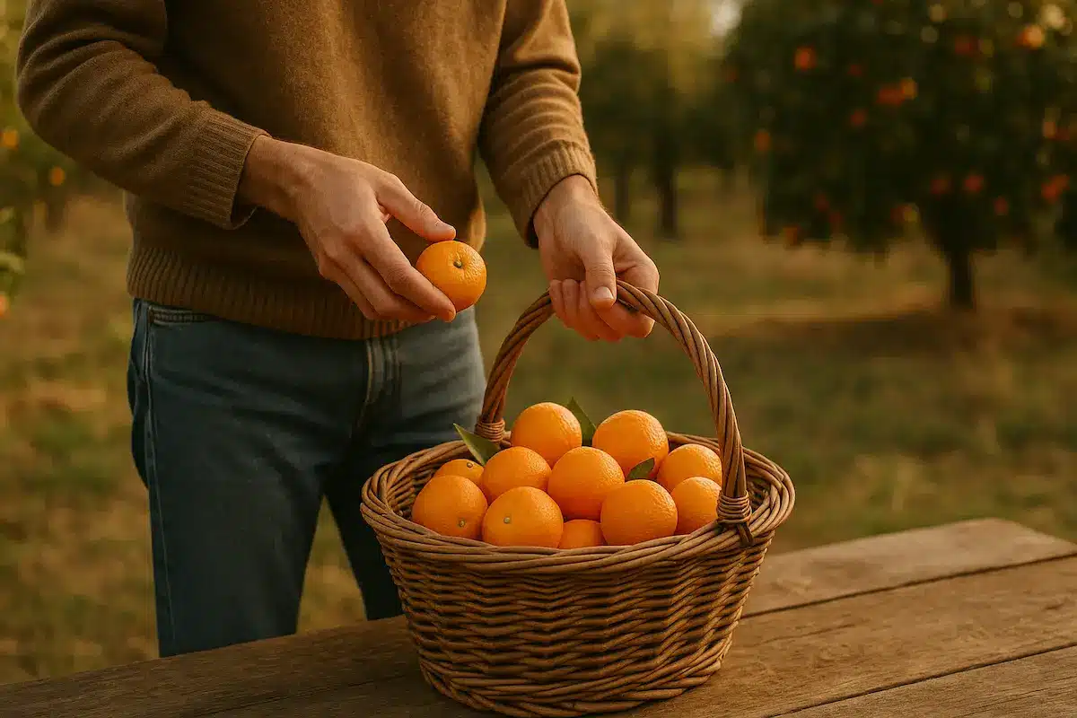 mani che raccolgono arance e mandarini in una cesta di vimini all’aperto, luce calda pomeridiana