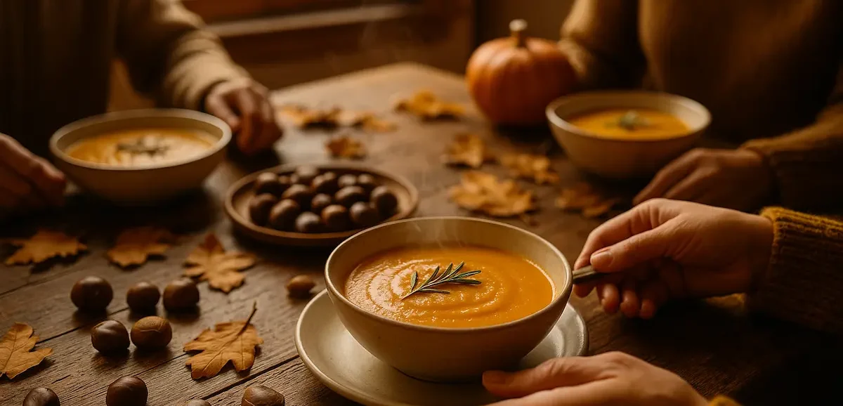 tavola autunnale con zuppa di zucca e castagne servita in famiglia