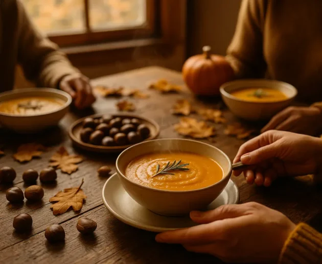 tavola autunnale con zuppa di zucca e castagne servita in famiglia