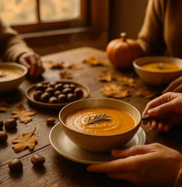 tavola autunnale con zuppa di zucca e castagne servita in famiglia