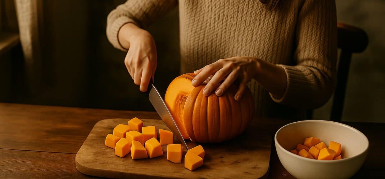Donna che taglia una zucca a tre quarti su tagliere di legno autunnale