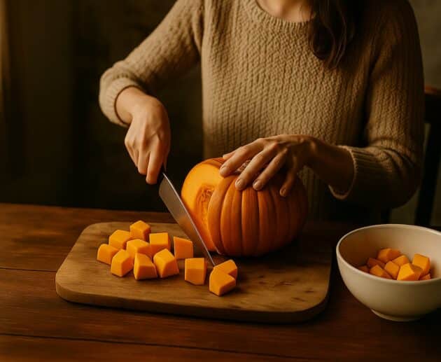 Donna che taglia una zucca a tre quarti su tagliere di legno autunnale
