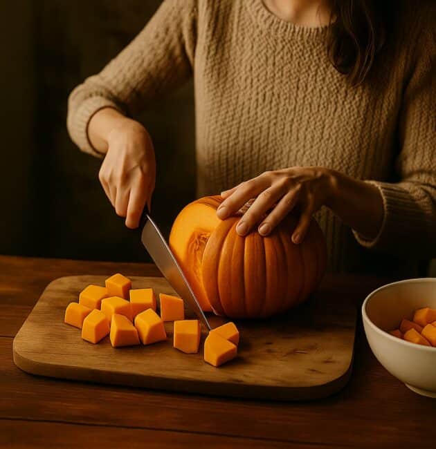 Donna che taglia una zucca a tre quarti su tagliere di legno autunnale