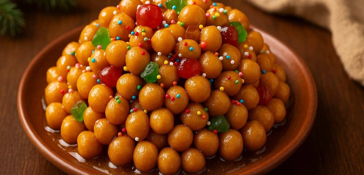 Gli Struffoli: storia, leggenda e origini del dolce più antico del Natale napoletano. Dalla Grecia a Napoli, simboli, curiosità e tradizione del miele e delle palline colorate.