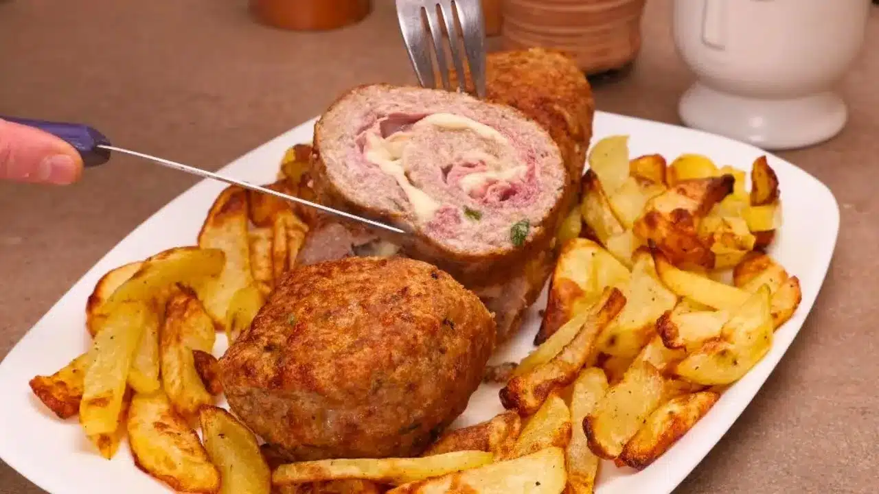 Come preparare il polpettone ripieno con patate in friggitrice ad aria: ricetta succosa e filante con contorno croccante, facile e più leggera del forno.