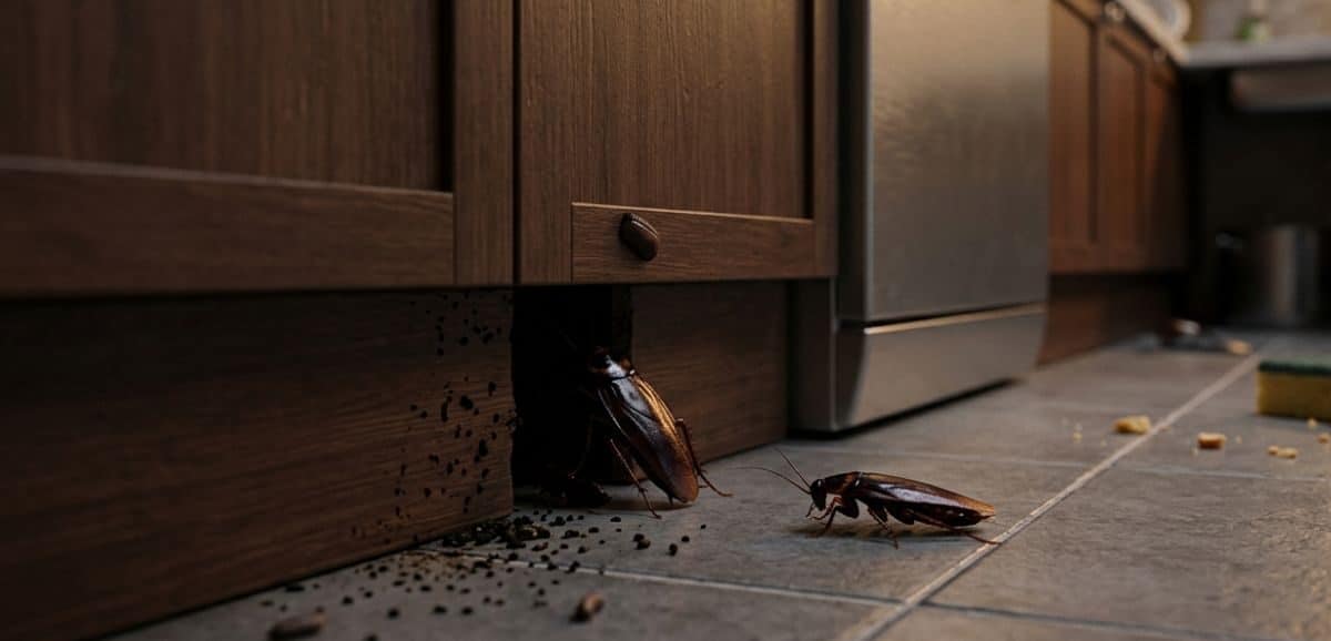 Scarafaggi in cucina che si nascondono sotto i mobili vicino a residui di cibo