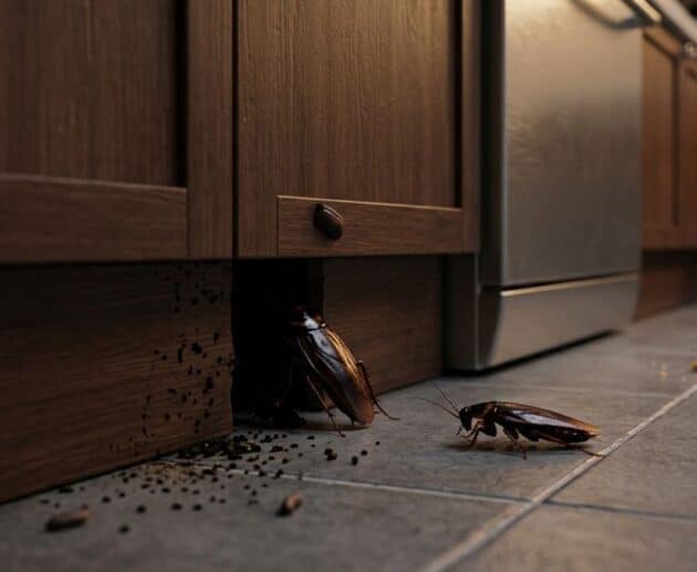 Scarafaggi in cucina che si nascondono sotto i mobili vicino a residui di cibo