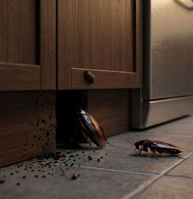 Scarafaggi in cucina che si nascondono sotto i mobili vicino a residui di cibo