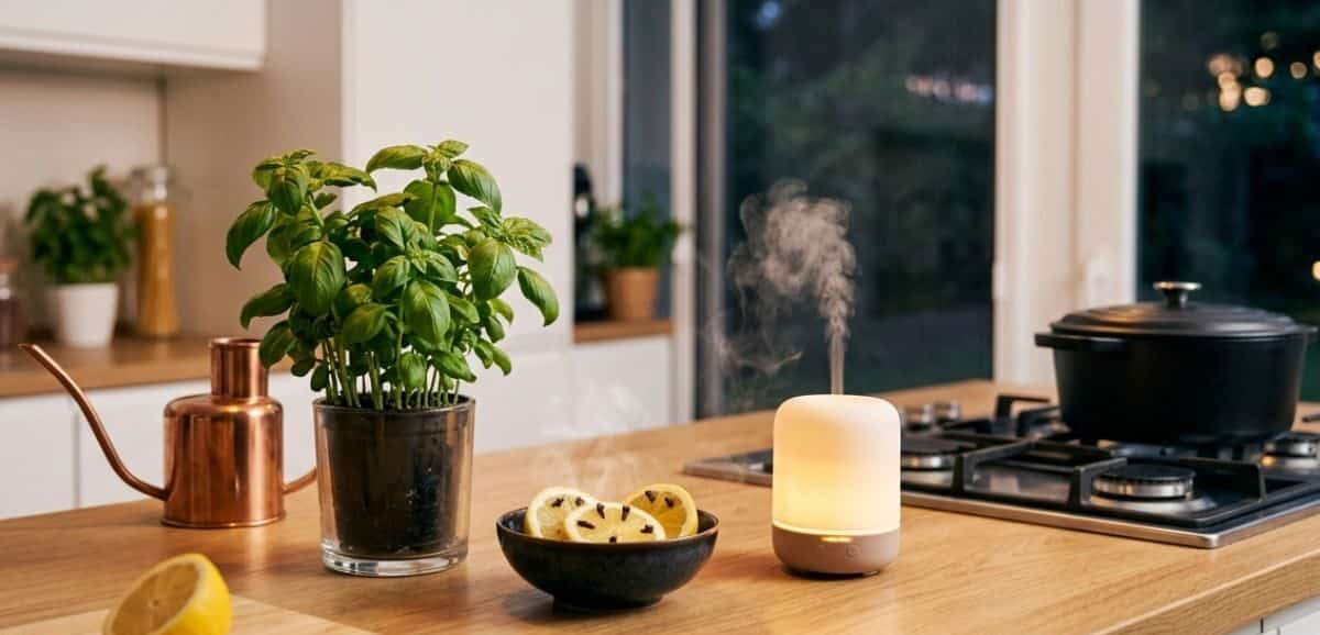 Rimedi naturali contro le zanzare in cucina con basilico, limone e diffusore di oli essenziali