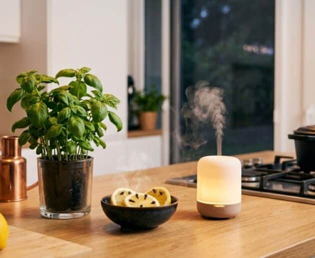 Rimedi naturali contro le zanzare in cucina con basilico, limone e diffusore di oli essenziali