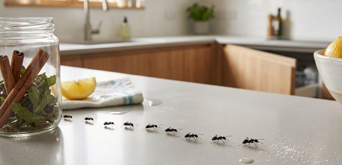 Formiche in cucina in fila su un piano di lavoro vicino a rimedi naturali come limone e cannella.