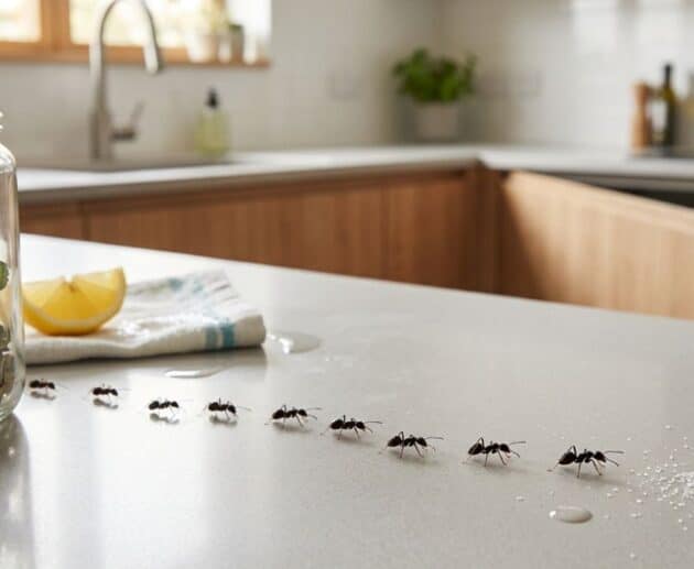 Formiche in cucina in fila su un piano di lavoro vicino a rimedi naturali come limone e cannella.
