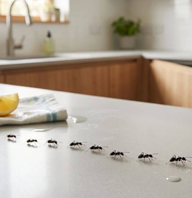 Formiche in cucina in fila su un piano di lavoro vicino a rimedi naturali come limone e cannella.