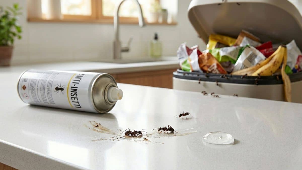 Formiche in cucina schiacciate disordinatamente e briciole sparse: un errore comune da evitare.