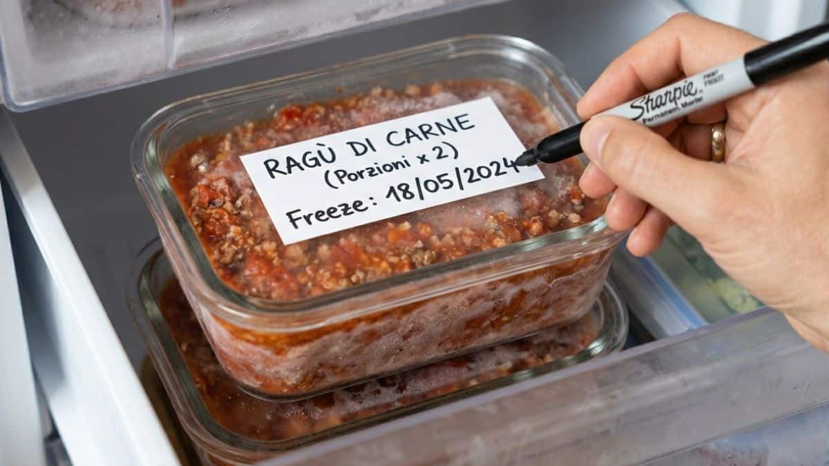 L'etichettatura precisa รจ il primo passo per non sprecare cibo in freezer. Mano che scrive un'etichetta chiara in italiano su un contenitore di vetro per congelare il ragรน.