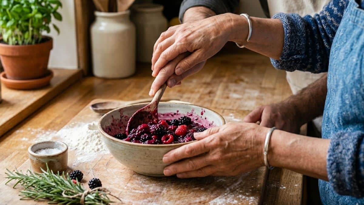 Un'immagine ravvicinata di mani anziane e giovani che mescolano una composta di frutti di bosco in una ciotola di ceramica, simboleggiando il passaggio delle tradizioni culinarie materne