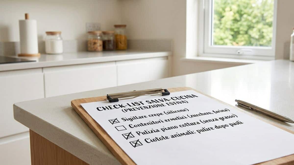 Una check-list cartacea 'Salva-Cucina' su un piano di lavoro ordinato per la prevenzione estiva delle formiche.