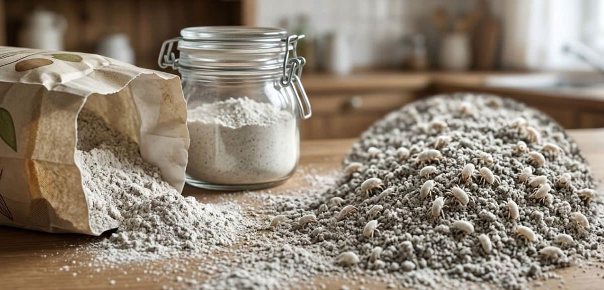 Primo piano macro di farina infestata da acari della farina che si muovono all'interno di un pacco aperto in cucina.