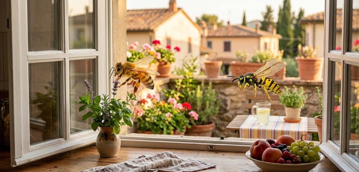 Fotografia ravvicinata di un'ape e una vespa su una finestra aperta che si affaccia su un balcone fiorito, illustrando come distinguerle in modo sicuro.