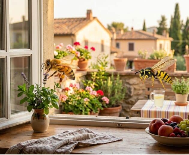 Fotografia ravvicinata di un'ape e una vespa su una finestra aperta che si affaccia su un balcone fiorito, illustrando come distinguerle in modo sicuro.