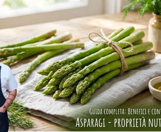 Mazzetto di asparagi freschi su un tavolo di legno - benefici e proprietà