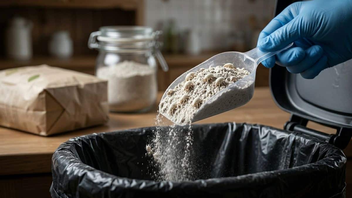 Cucchiaio che solleva farina contaminata da acari della farina sopra un secchio della spazzatura aperto per lo smaltimento.
