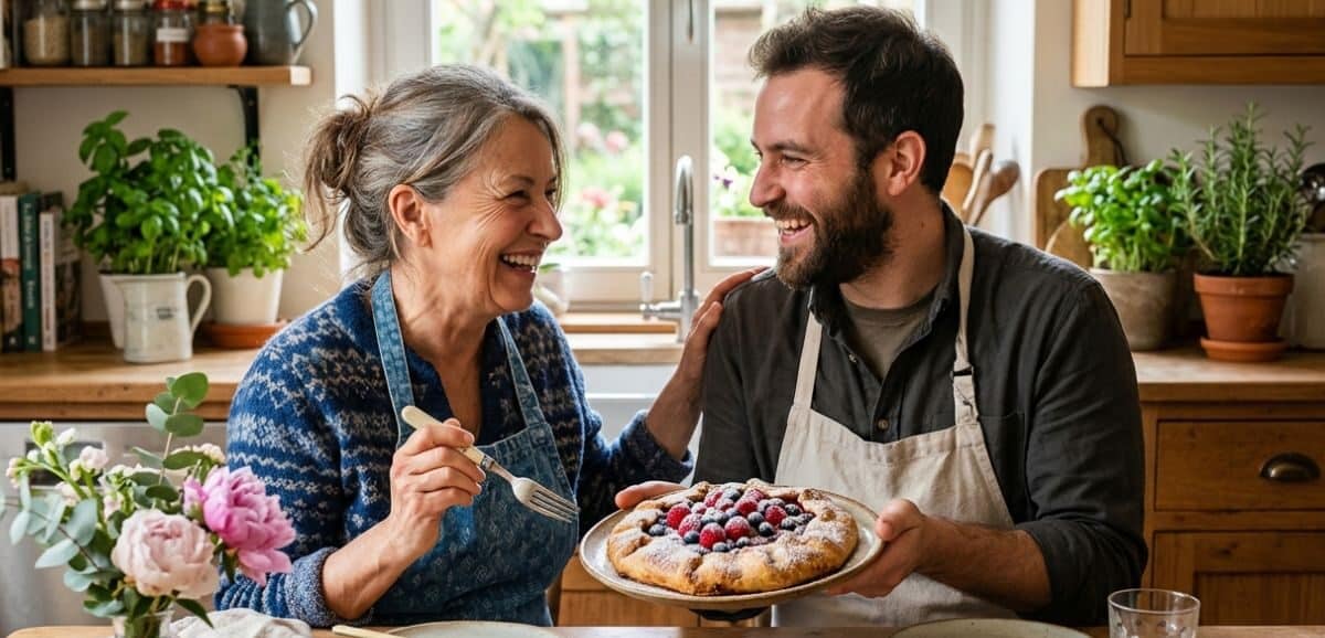 Un figlio che indossa un grembiule da cucina sorride alla madre mentre le offre una crostata di frutti di bosco fatta in casa per la Festa della Mamma. La scena si svolge in una cucina rustica e luminosa con piante ed erbe aromatiche.