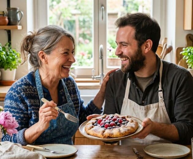 Un figlio che indossa un grembiule da cucina sorride alla madre mentre le offre una crostata di frutti di bosco fatta in casa per la Festa della Mamma. La scena si svolge in una cucina rustica e luminosa con piante ed erbe aromatiche.