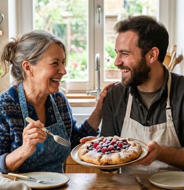 Un figlio che indossa un grembiule da cucina sorride alla madre mentre le offre una crostata di frutti di bosco fatta in casa per la Festa della Mamma. La scena si svolge in una cucina rustica e luminosa con piante ed erbe aromatiche.
