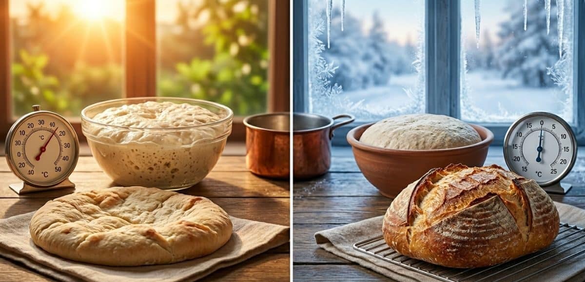 Un'immagine editoriale divisa a metà che mostra a sinistra un impasto estivo che lievita al sole e a destra una pagnotta invernale croccante su una grata davanti a una finestra innevata, rappresentando come cambia il pane con il clima.