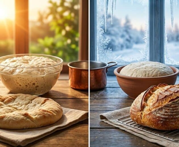 Un'immagine editoriale divisa a metà che mostra a sinistra un impasto estivo che lievita al sole e a destra una pagnotta invernale croccante su una grata davanti a una finestra innevata, rappresentando come cambia il pane con il clima.