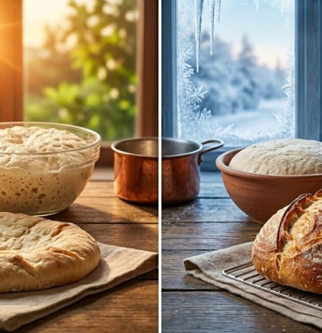 Un'immagine editoriale divisa a metà che mostra a sinistra un impasto estivo che lievita al sole e a destra una pagnotta invernale croccante su una grata davanti a una finestra innevata, rappresentando come cambia il pane con il clima.