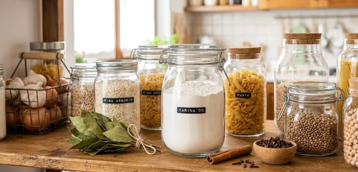 Dispensa pulita con barattoli in vetro e foglie di alloro per eliminare le farfalline del cibo in modo naturale.