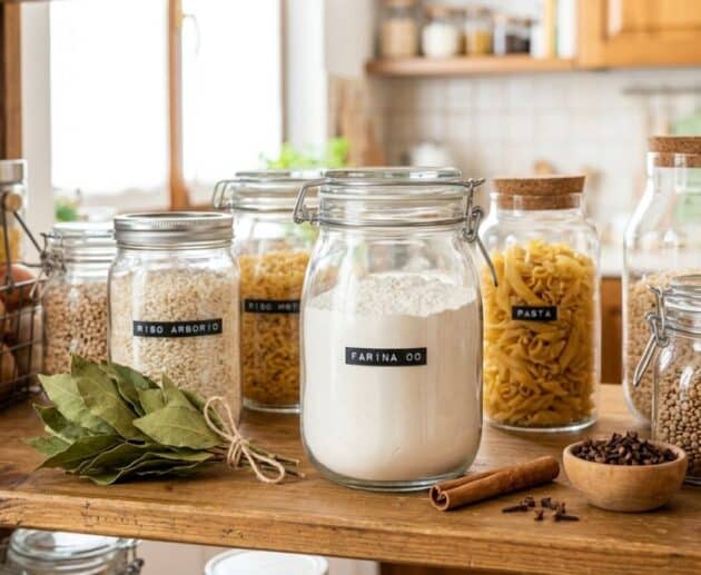 Dispensa pulita con barattoli in vetro e foglie di alloro per eliminare le farfalline del cibo in modo naturale.