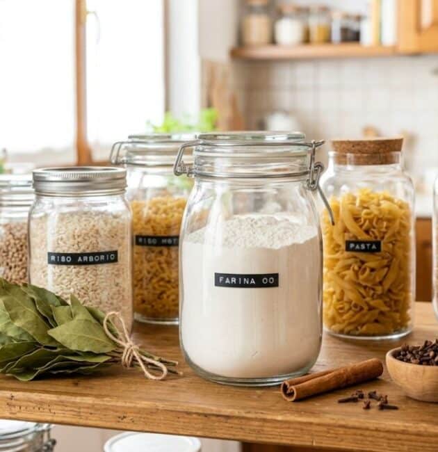 Dispensa pulita con barattoli in vetro e foglie di alloro per eliminare le farfalline del cibo in modo naturale.