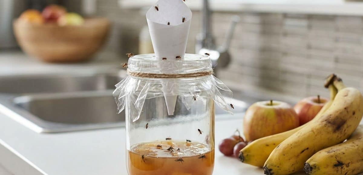 Trappola fai-da-te per eliminare i moscerini della frutta in cucina con aceto e imbuto.