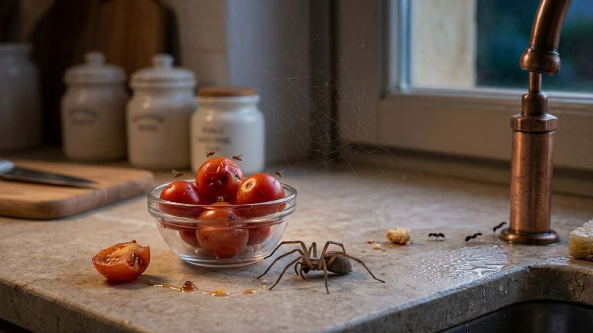 Dettaglio di un ragno domestico che si avvicina a umidità e moscerini della frutta su un bancone di pietra, illustrando cosa attira i ragni in cucina.