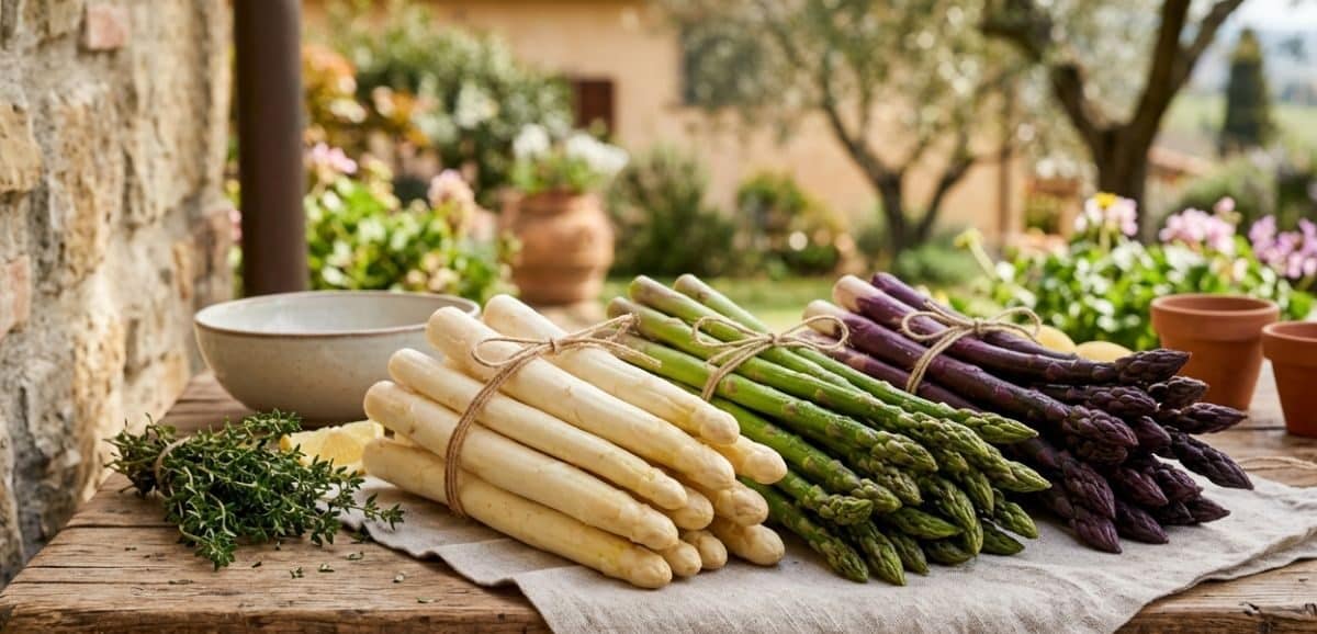 Confronto tra asparagi bianchi, verdi e viola: differenze di sapore, consistenza e metodo di coltivazione.
