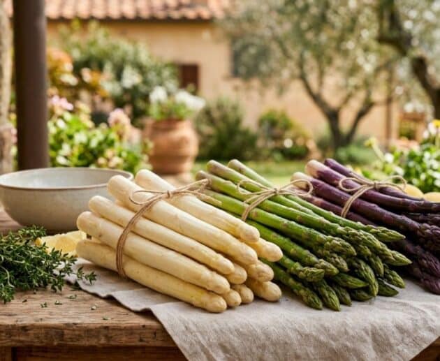 Confronto tra asparagi bianchi, verdi e viola: differenze di sapore, consistenza e metodo di coltivazione.