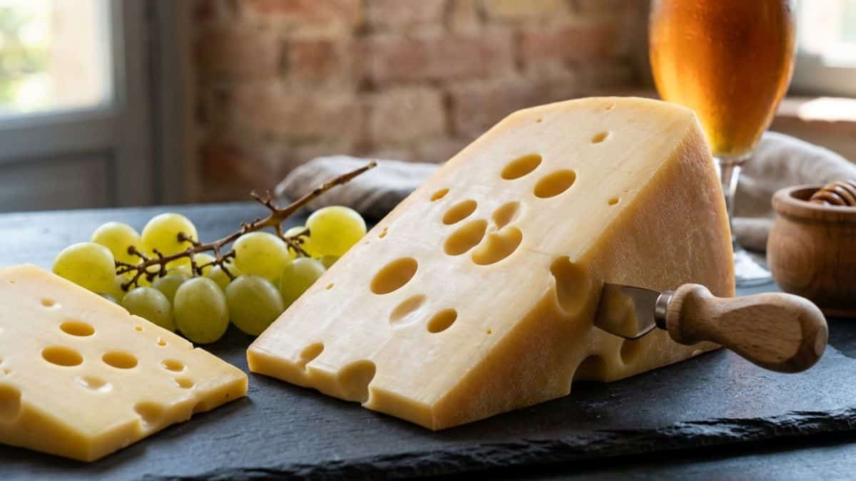 Fetta di Emmental con i caratteristici buchi, risultato della fermentazione propionica tipica di questi formaggi svizzeri.