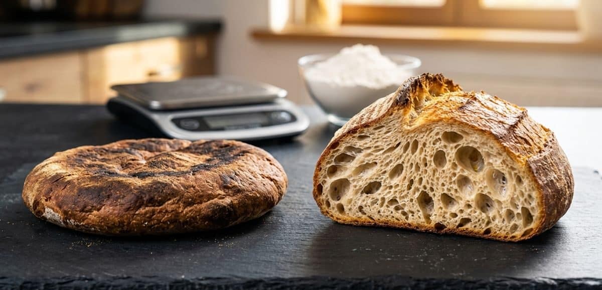 Confronto visivo tra un pane venuto male, sgonfio e bruciato, e una pagnotta perfetta ben alveolata su un tavolo da cucina.