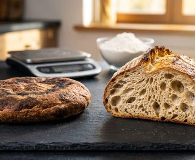 Confronto visivo tra un pane venuto male, sgonfio e bruciato, e una pagnotta perfetta ben alveolata su un tavolo da cucina.