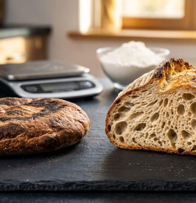 Confronto visivo tra un pane venuto male, sgonfio e bruciato, e una pagnotta perfetta ben alveolata su un tavolo da cucina.