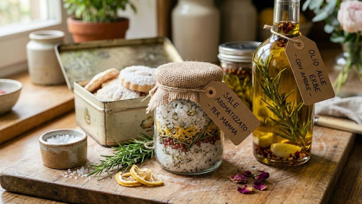 Regali gastronomici fatti in casa per la Festa della Mamma: vasetti di vetro con sali aromatizzati alle erbe, bottiglia di olio infuso al rosmarino e scatola di latta con biscotti frollini su un tavolo di legno.