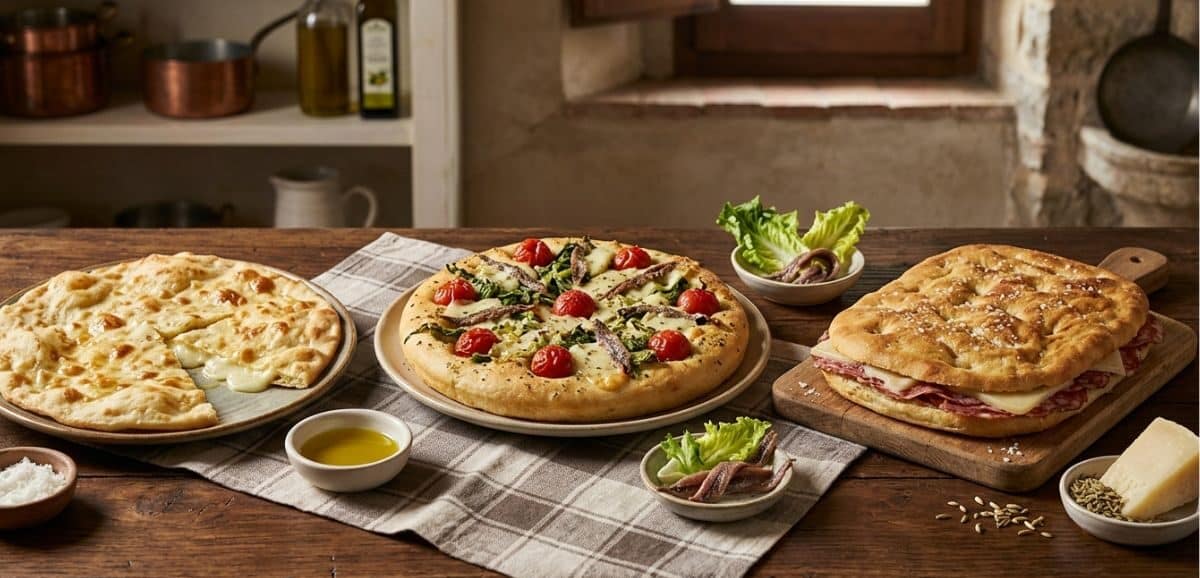 Assortimento di tre focacce italiane regionali poco conosciute: la focaccia di Recco al formaggio, la focaccia messinese con scarola e acciughe, e la schiacciata toscana farcita su un tavolo di legno rustico.