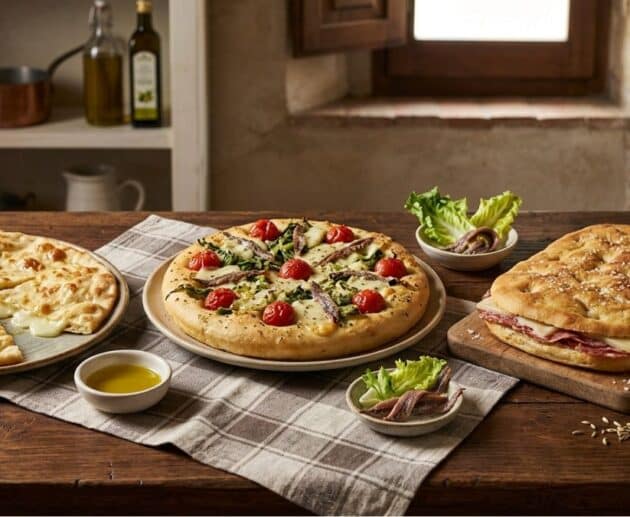 Assortimento di tre focacce italiane regionali poco conosciute: la focaccia di Recco al formaggio, la focaccia messinese con scarola e acciughe, e la schiacciata toscana farcita su un tavolo di legno rustico.